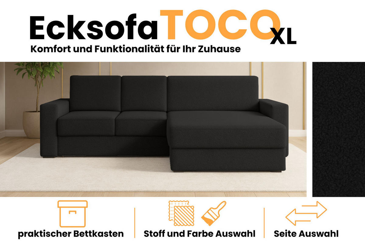 ECKSOFA TOCO XL 275/170 cm in Boucle Schwarz rechts - Schwarz, Holz/Holzwerkstoff (275/170cm) - Deine Möbel 24