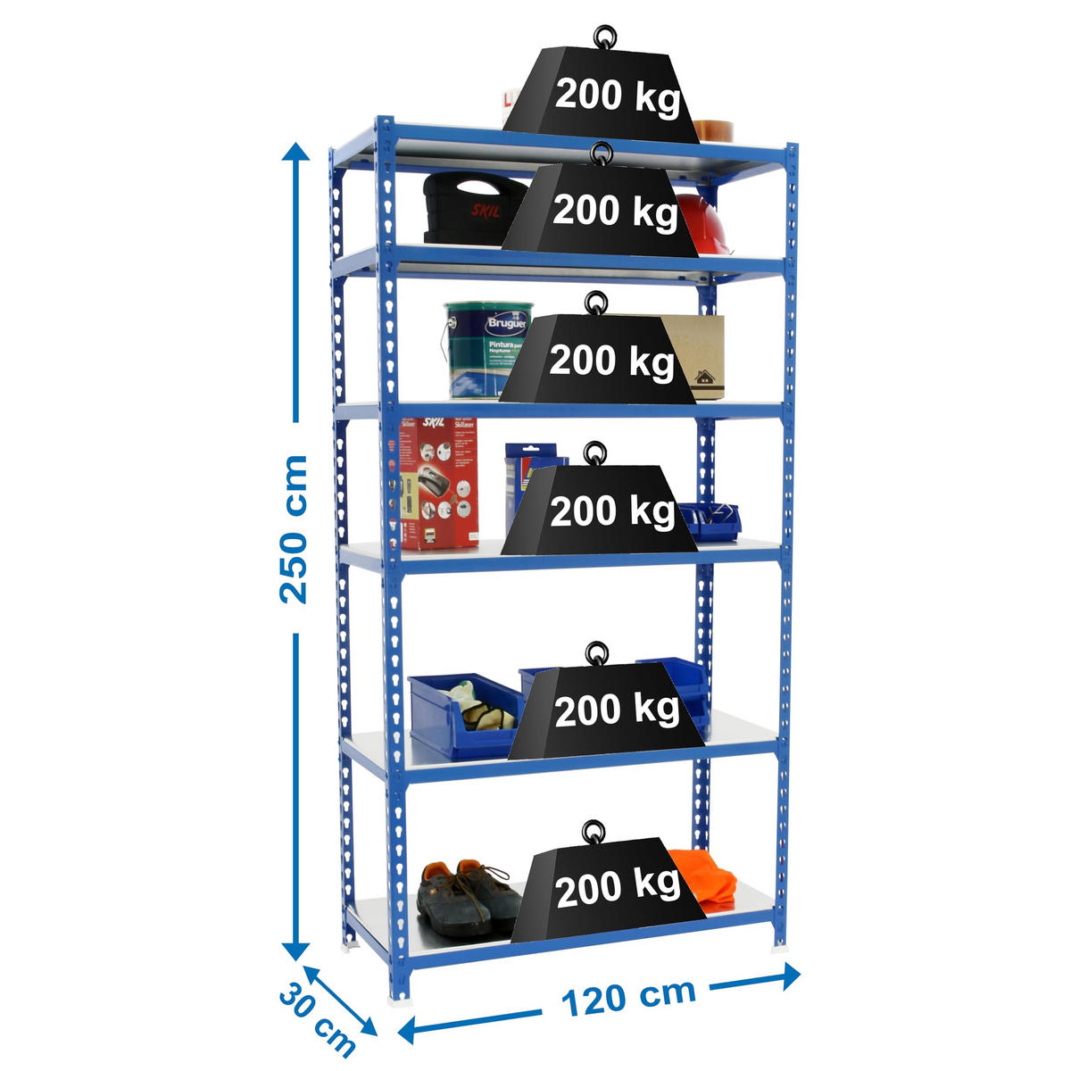 SCHWERLASTREGAL Giant Metal Shark HxBxT 250 x 120 x 30 cm Fachlast 200 kg Blau - Blau, Metall (120/250/30cm) - PROREGAL