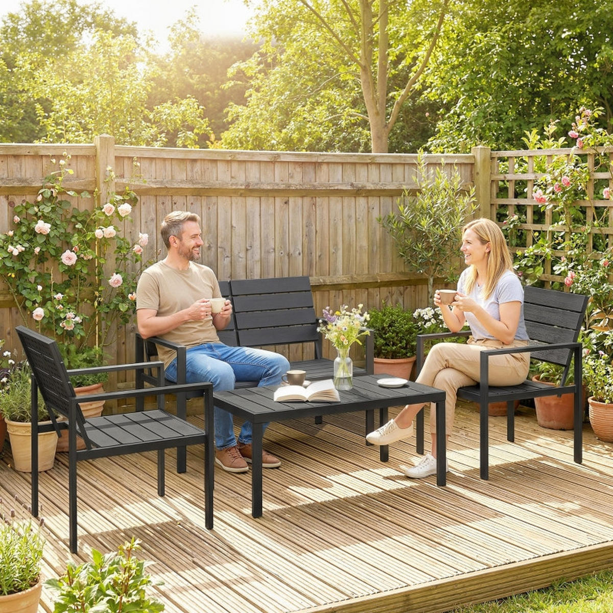 GARTENMÖBEL,2ER Sofa+2 Sessel+Beistelltisch,schwarz - Schwarz, Metall - Vallsero