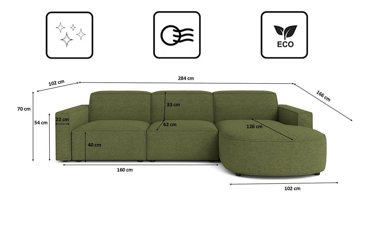 ECKSOFA Cursal Round L-Form, Stoff Artico, Moss, Rechts - Grün, Holz (284/166cm) - Kaiser Möbel