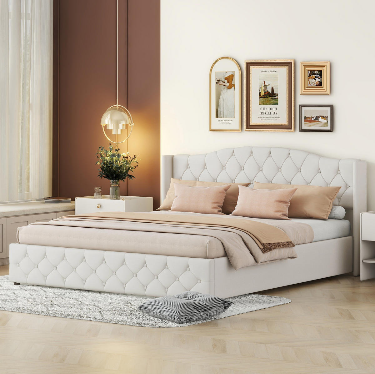 ČALÚNENÁ posteľ z ľanu 180x200 cm béžová s hydraulickým úložným priestorom a veľkým úložným boxom - béžová, textil (180/200cm) - Modfu