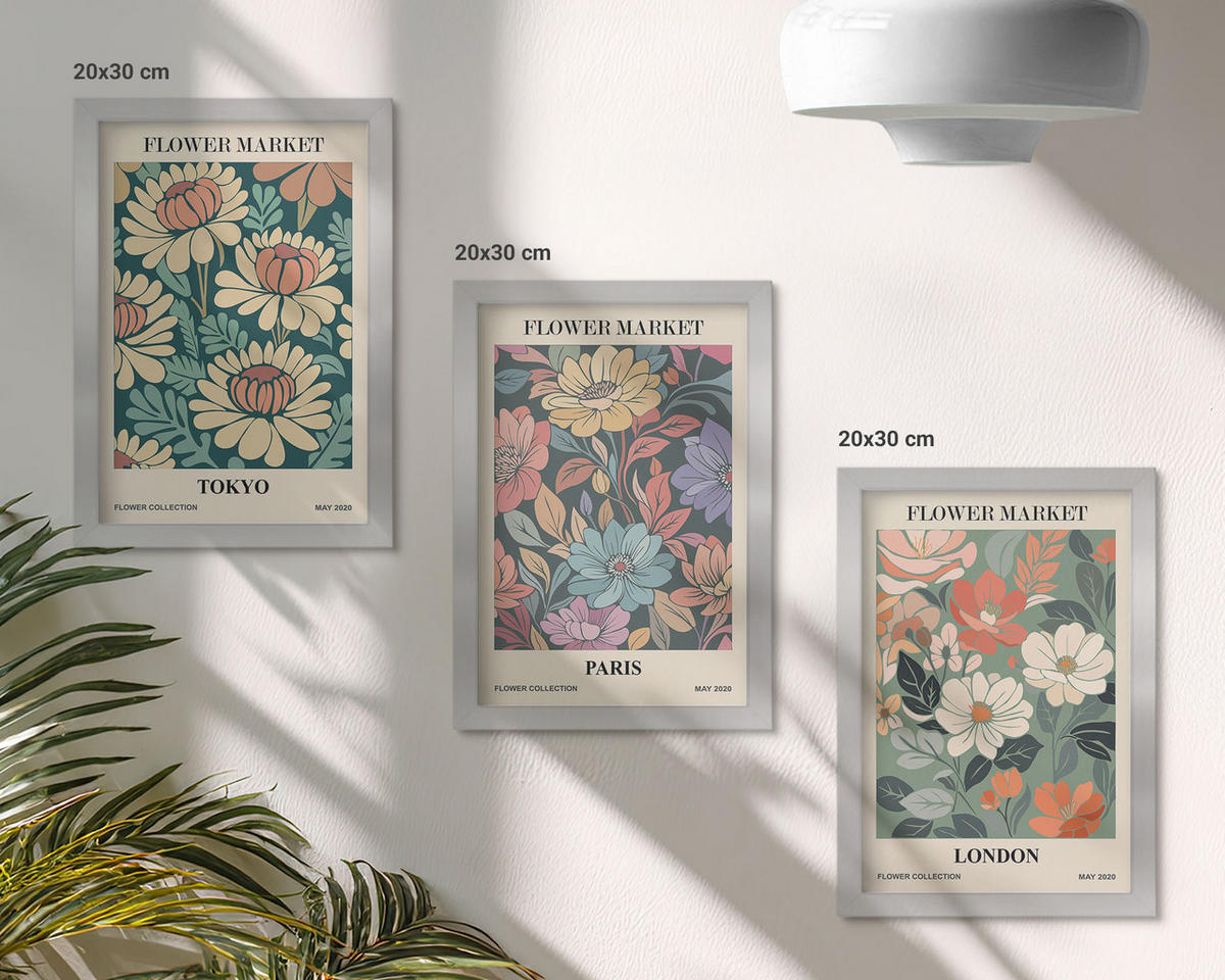 BILDER SET 3er Set - 20x30 cm Silberner Rahmen - Blumenposter Tokio Paris London - Silberfarben, Kunststoff (20/30cm) - TULUP