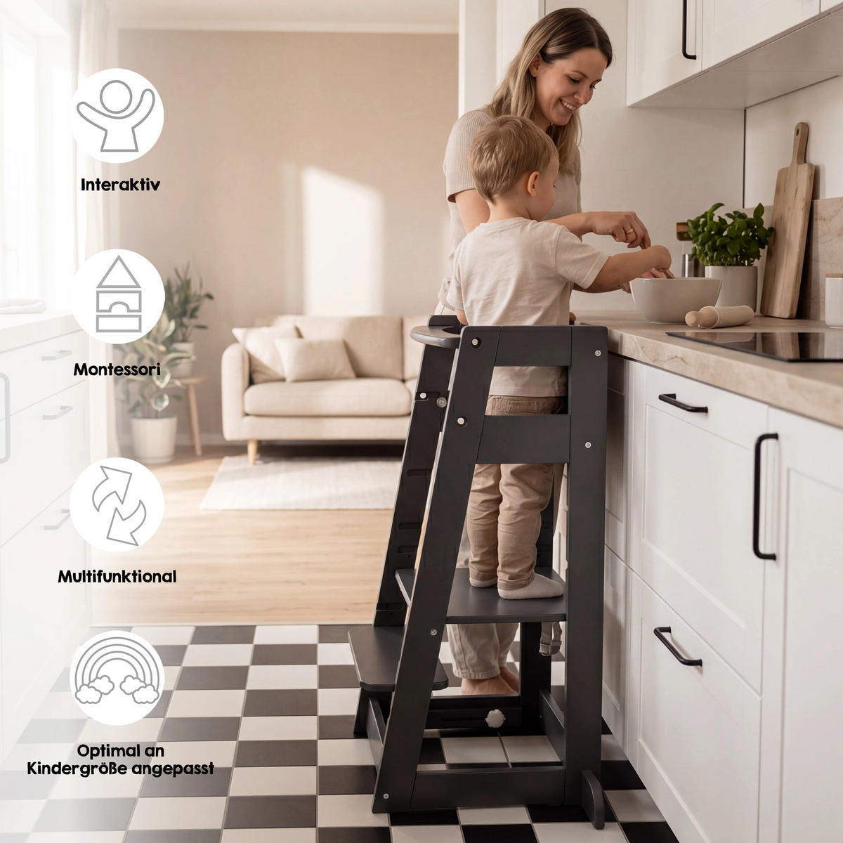 LERNTURM Sit & Step 2in1 - Anthrazit, Holzwerkstoff/Metall (53.5/88/51.5cm) - Roba