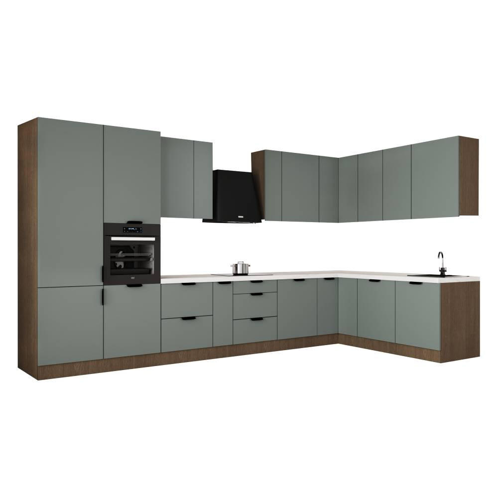 WINKELKÜCHE 405cm x 205 cm - Sorento KS5-M405 - in Grün / Dunkle Eiche - Eichefarben/Schwarz, Holz (610/247/58cm)