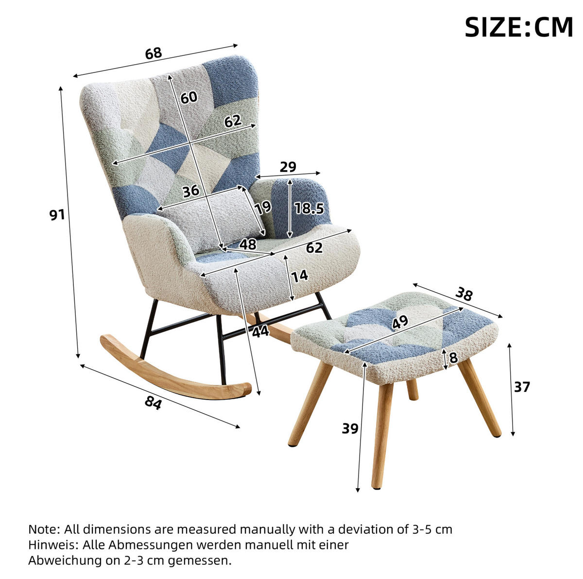 HOJDACIA stolička 122/68/91 cm z látky béžovo-modré s podnožkou - viacfarebná, textil (68/91/122cm) - BEAOK