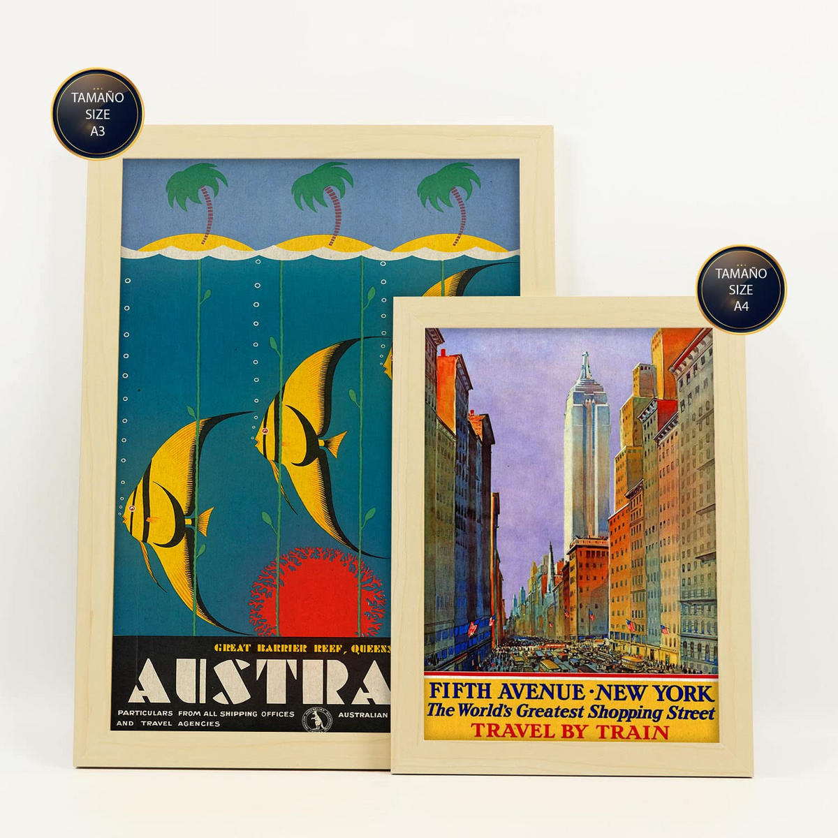 POSTER Set Mit 6 Von Norden Nach Süden Vollfarbige Illustrationen Von Vintage Tourismus Werbetafeln Aus Der Ganzen Welt A3 & A4 Rahmen Aus Hellem Holz - Beige, Papier (29/3cm) - Nacnic