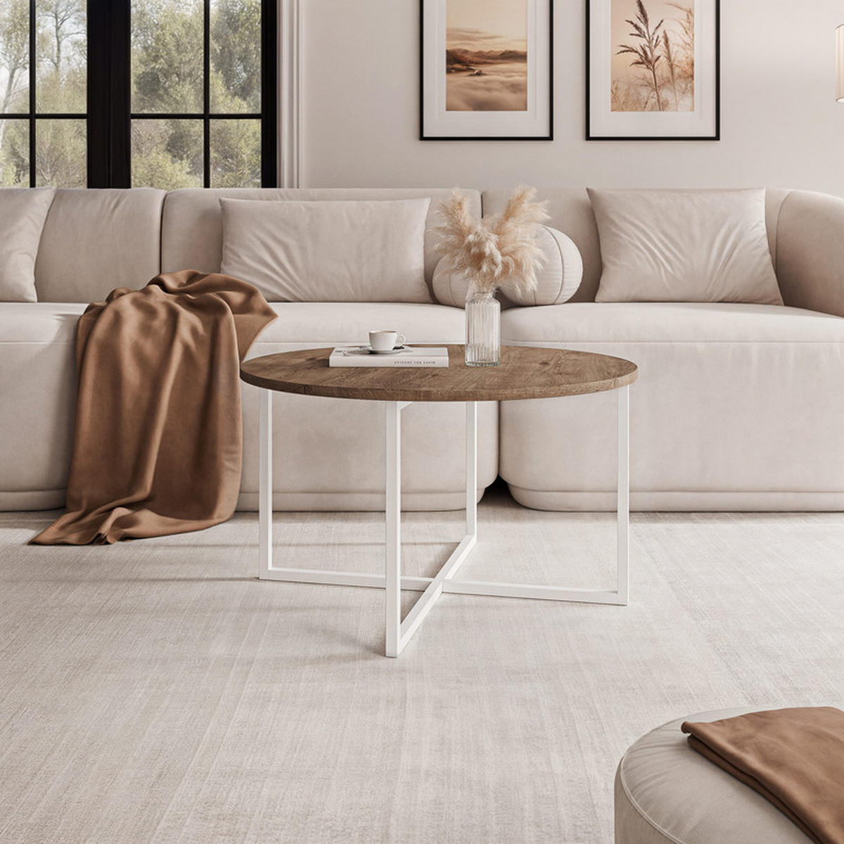 COUCHTISCH BESARO 75/47 cm runden, Weiß / Lefkas-Eiche - Eichefarben/Weiß, Metall (75/75/47cm) - Idohome
