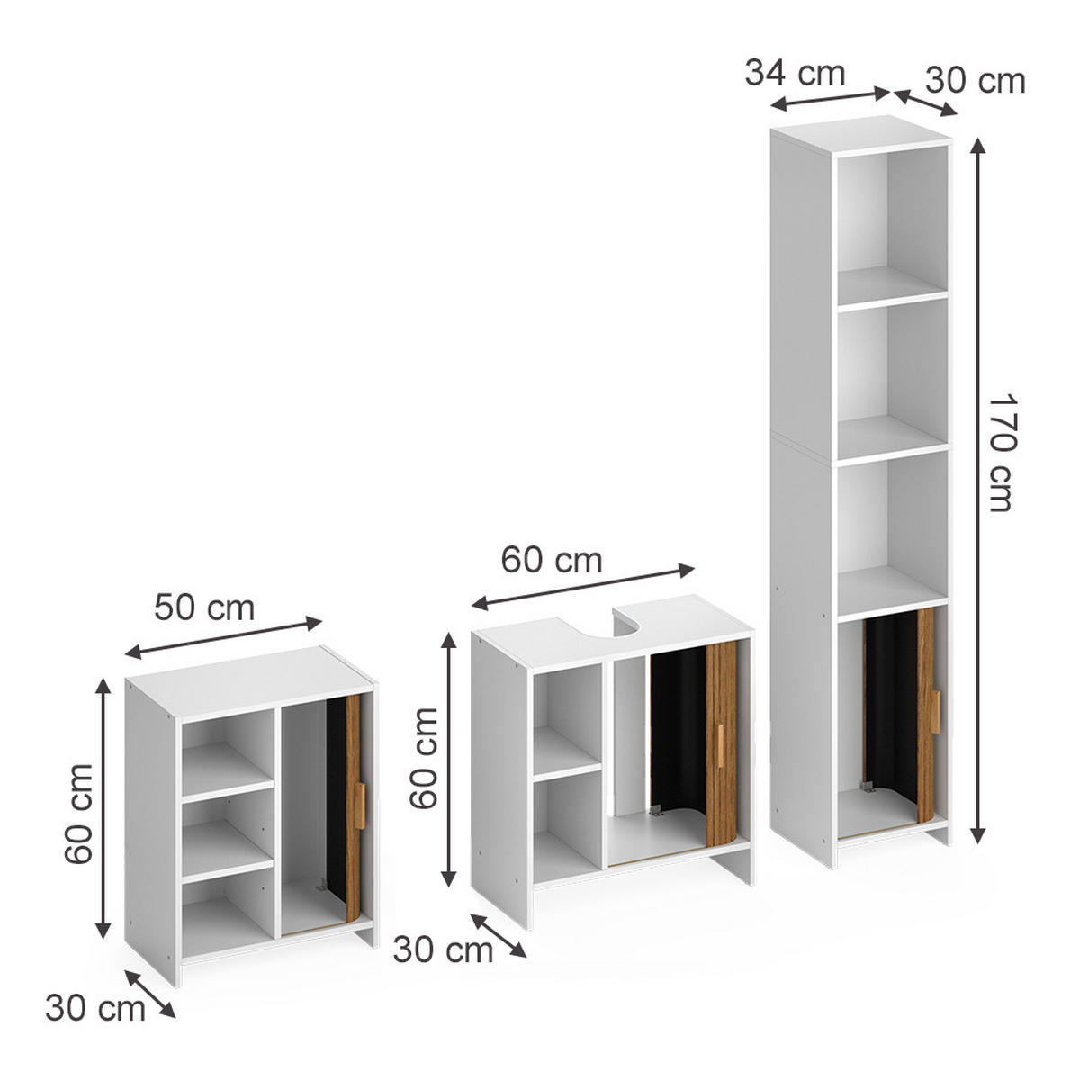 BADMÖBEL-SET Norea, Eiche/Weiß, 3-teilig - Eichefarben/Weiß, Holzwerkstoff (60/60/30cm) - Vicco