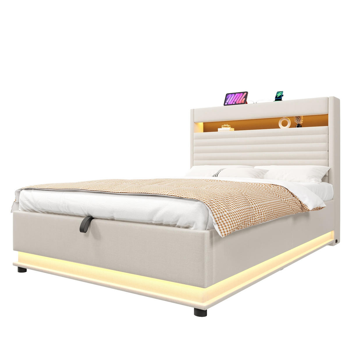 POLSTERBETT 140/200 cm Beige mit LED-Beleuchtung, USB- und Typ-C-Anschluss, hydraulischem Stauraum und Leinenbezug - Beige, Textil (140/200cm) - OKMYHOME