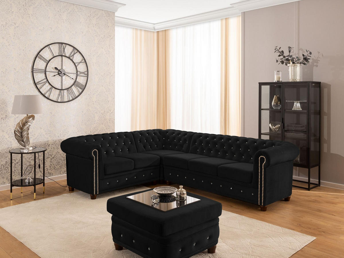 ECKSOFA Chesterfield Cleo Blink Schwarz Samt mit Kristallsteppung und braunen Massivholzfüßen - Ottomane Links - Schwarz/Braun, Holz/Textil (264/210cm) - S-Style Möbel