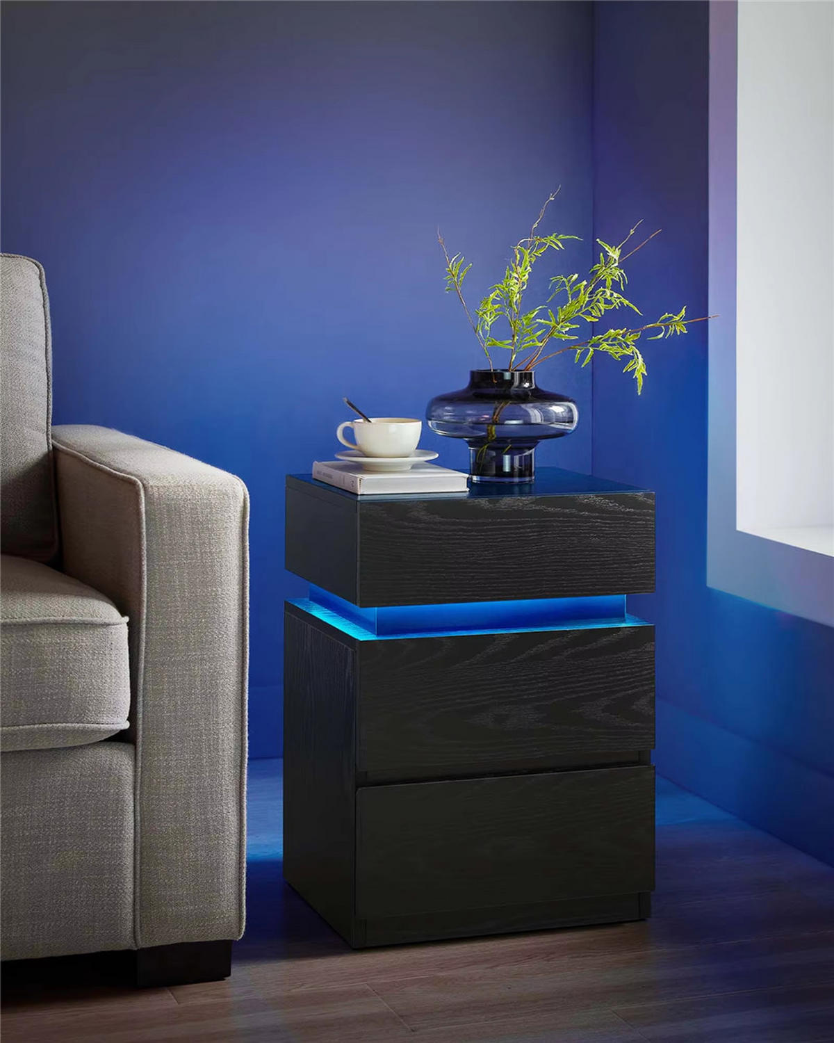 NACHTTISCH LED 40/55/35 cm mit Schubladen Farbwechsel - Schwarz, Holz (40/55/35cm) - Kaket