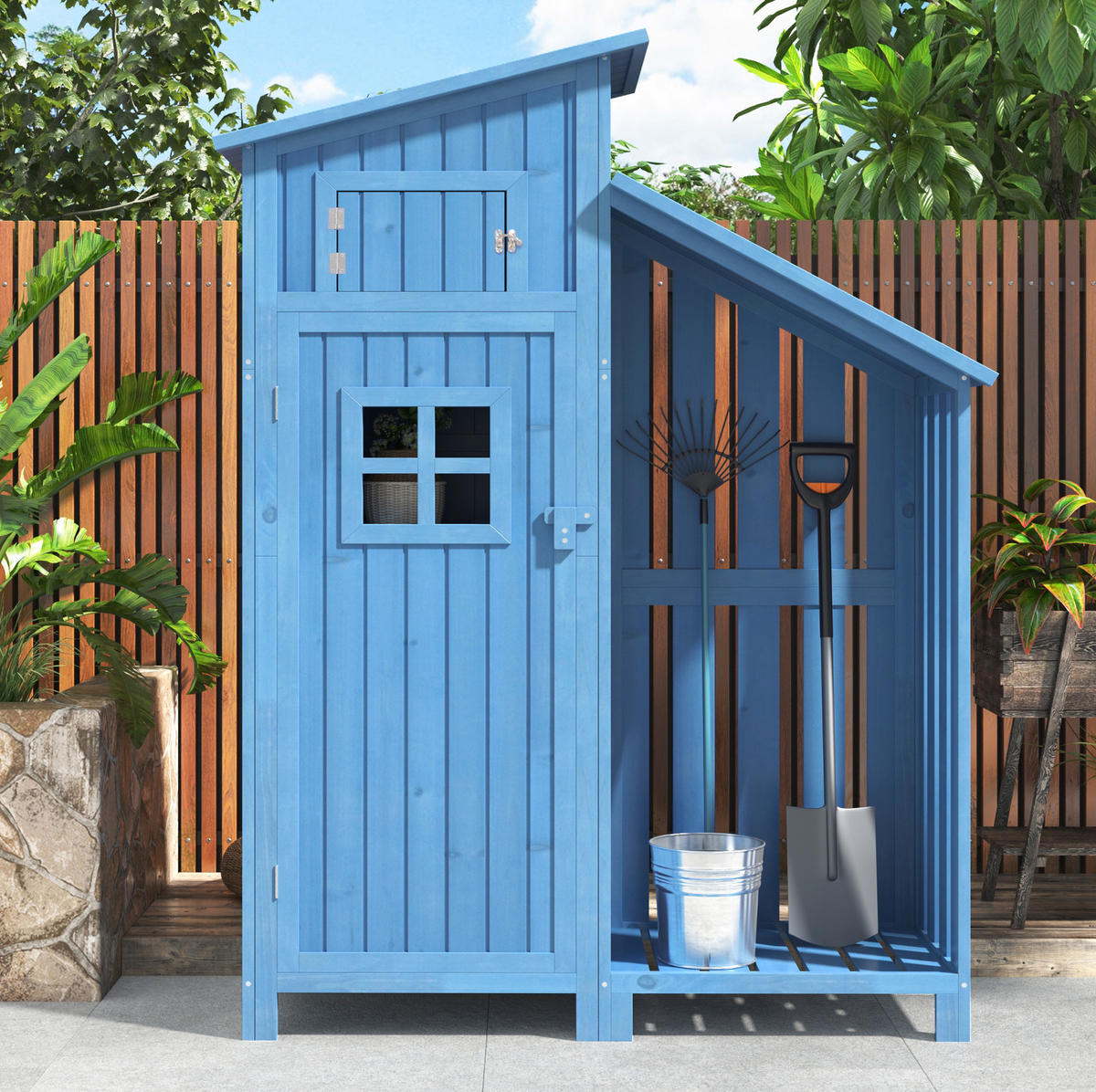 GARTENSCHRANK aus Massivholz 124x46x174cm Blau mit 2 Regalen - Blau, Holz (46/174/124cm) - Modfu