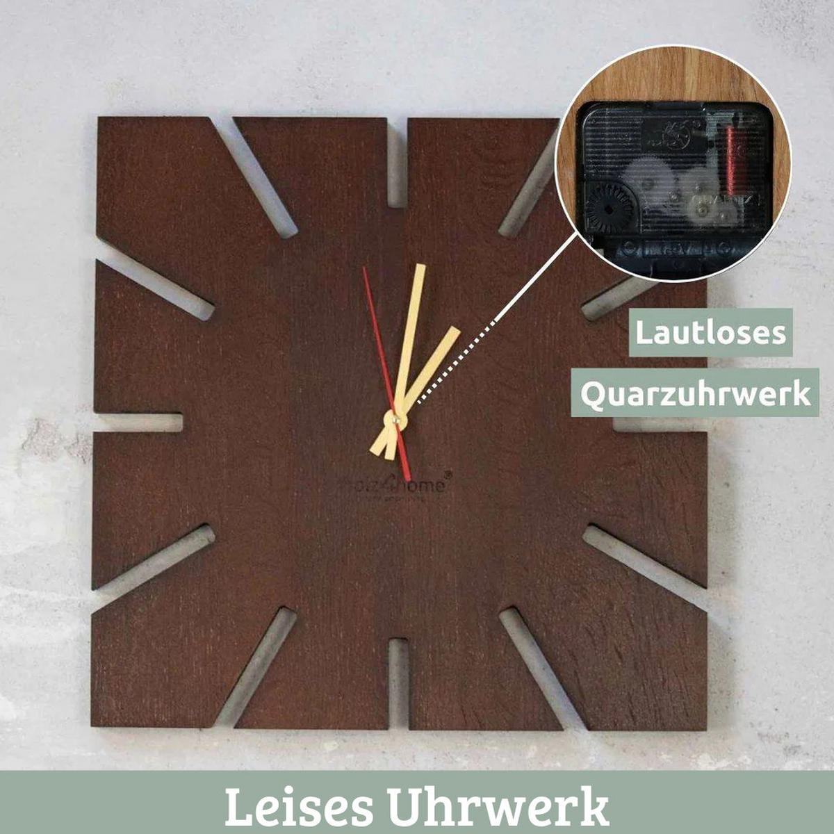 WANDUHR groß Holz SUN HANDGEFERTIGT 29x29 cm Eiche Massiv Geräuschlos - Braun, Holz (29/29/2cm) - DELUKE