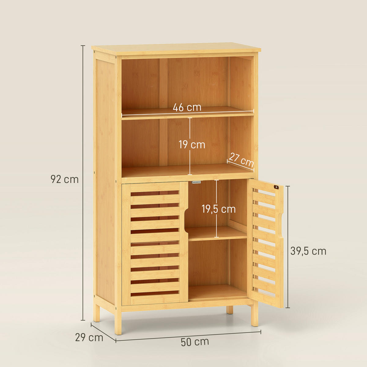 BADEZIMMERSCHRANK, Unterschrank aus Bambus, Badschrank mit Türen, Naturholz - Naturfarben, Holz (29/92/50cm) - Kleankin