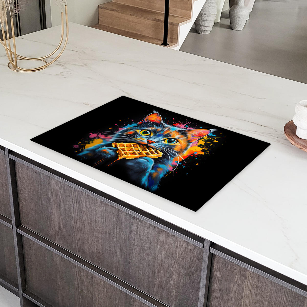 HERDABDECKPLATTE Katze - Graffiti - Bunt - Waffel - Essen Induktionsmatte 81x52 cm - Multicolor, Kunststoff (81/52/0.2cm) - MuchoWow