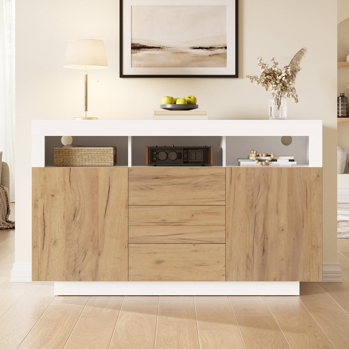 SIDEBOARD Natur Weiß 3 Schubladen 2 Türen 140x40x85cm - Multicolor, Holzwerkstoff (40/85/140cm) - FLIEKS