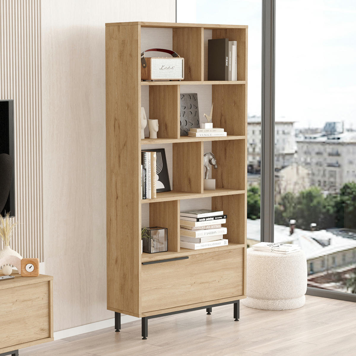 BÜCHERREGAL Fajaarire - Eichefarben/Schwarz, Holzwerkstoff/Metall (84/175.5/29.5cm) - [en.casa]