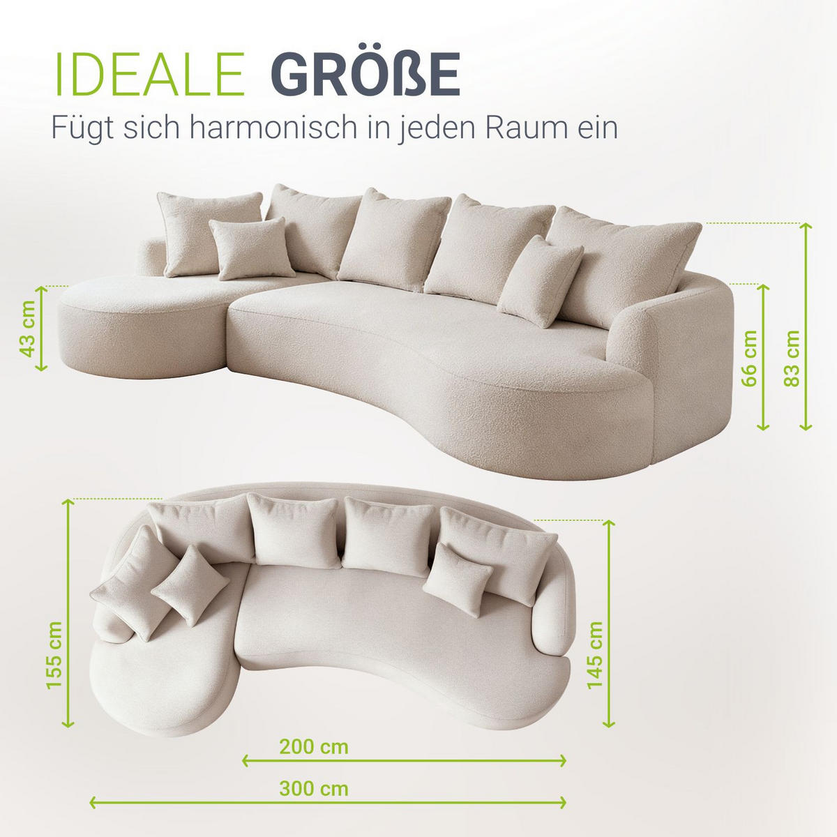 SOFA Tirano Bouclé Creme mit Ottomane links - Creme, Textil (102/300cm) - Juskys