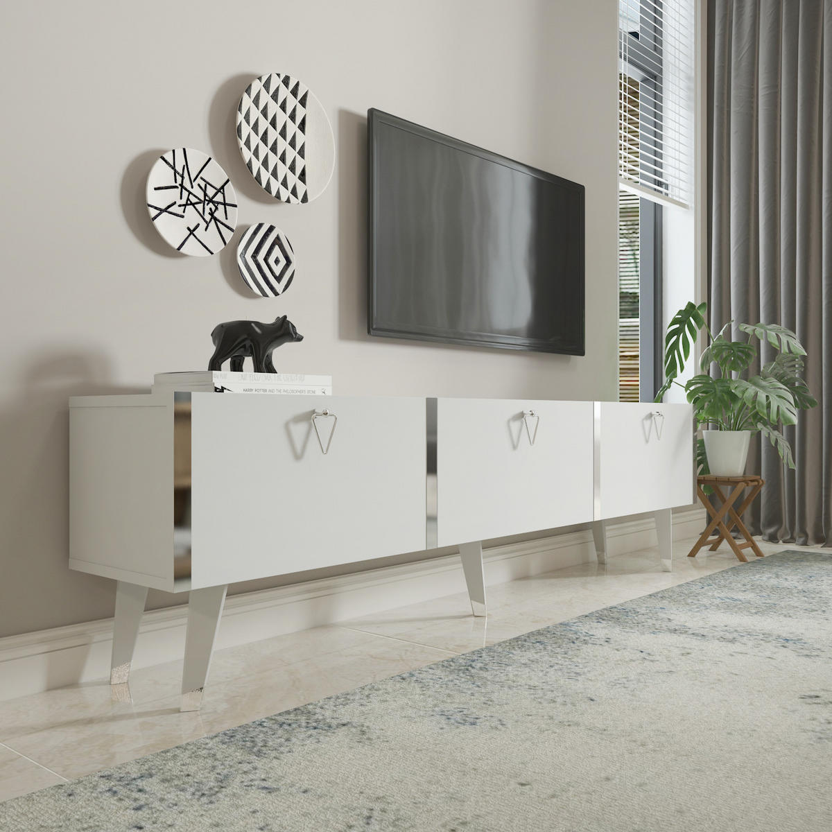 TV Stand Milagro Hochglanz Weiß Silber - Weiß, Holzwerkstoff (31.3/49.3/180cm) - Decorotika