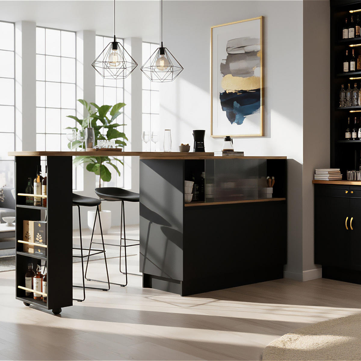 STEHTISCH mit Stauraum und Schiebetüren – Multifunktionaler Bartisch 120 cm - Schwarz, Holzwerkstoff/Metall (45/90/100cm) - Urban Meuble