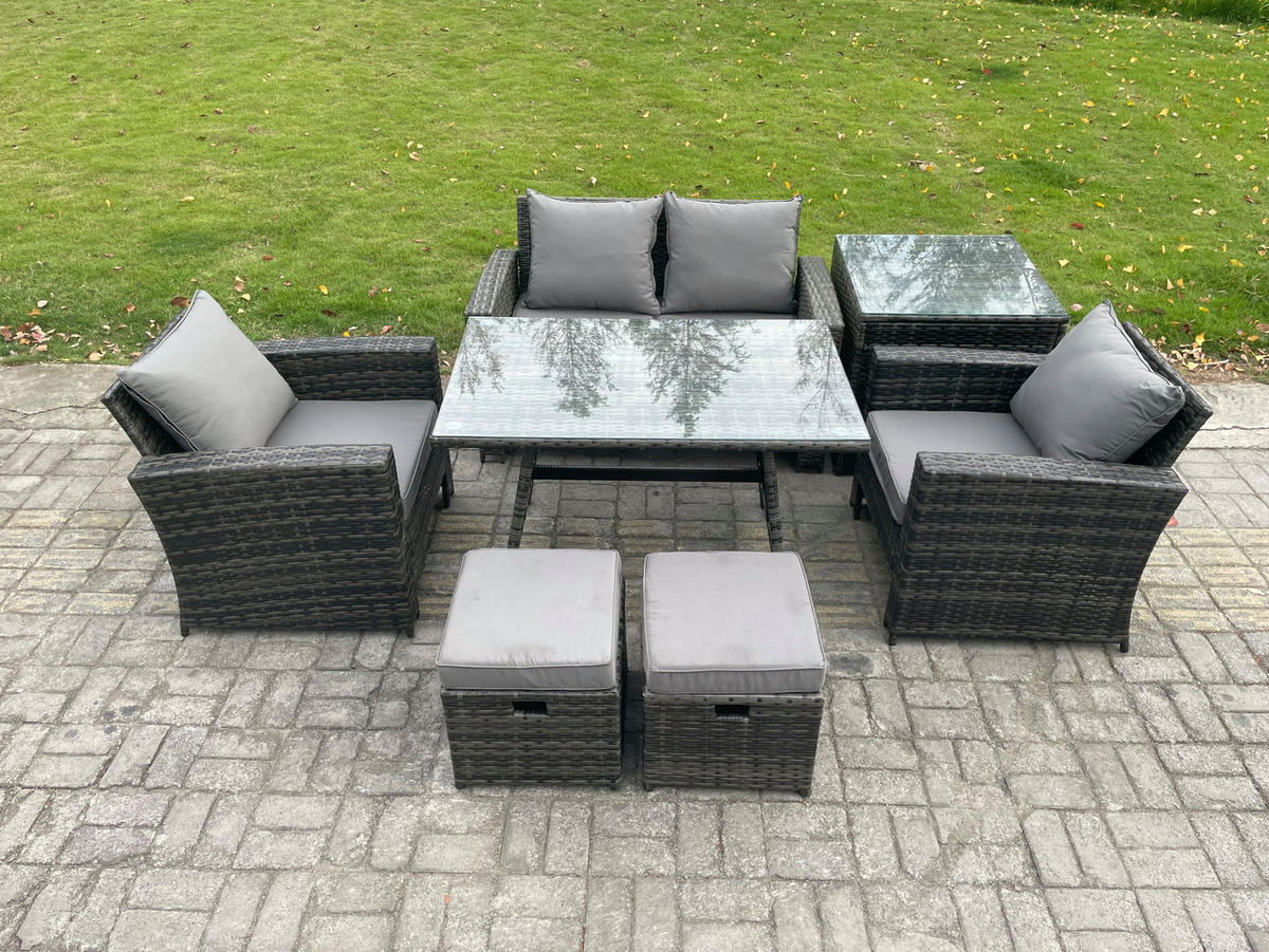 GARTENMÖBELSET mit ESSTISCH,HOCHLEHNER-SOFA Polyrattan Dunkelgrauer Mix 6-Sitzer - Dunkelgrau/Grau, Glas/Kunststoff - Fimous