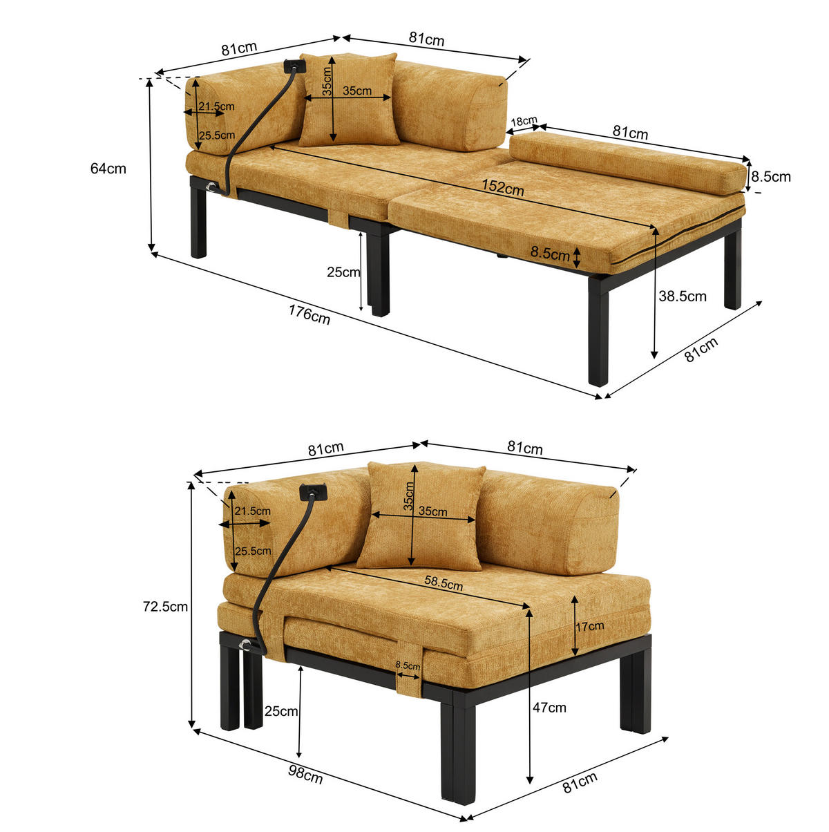 SCHLAFSOFA mit ausziehbarer Einzelliegefunktion und platzsparendem Design, Gelb - Gelb, Textil (176/64/81cm) - Redom