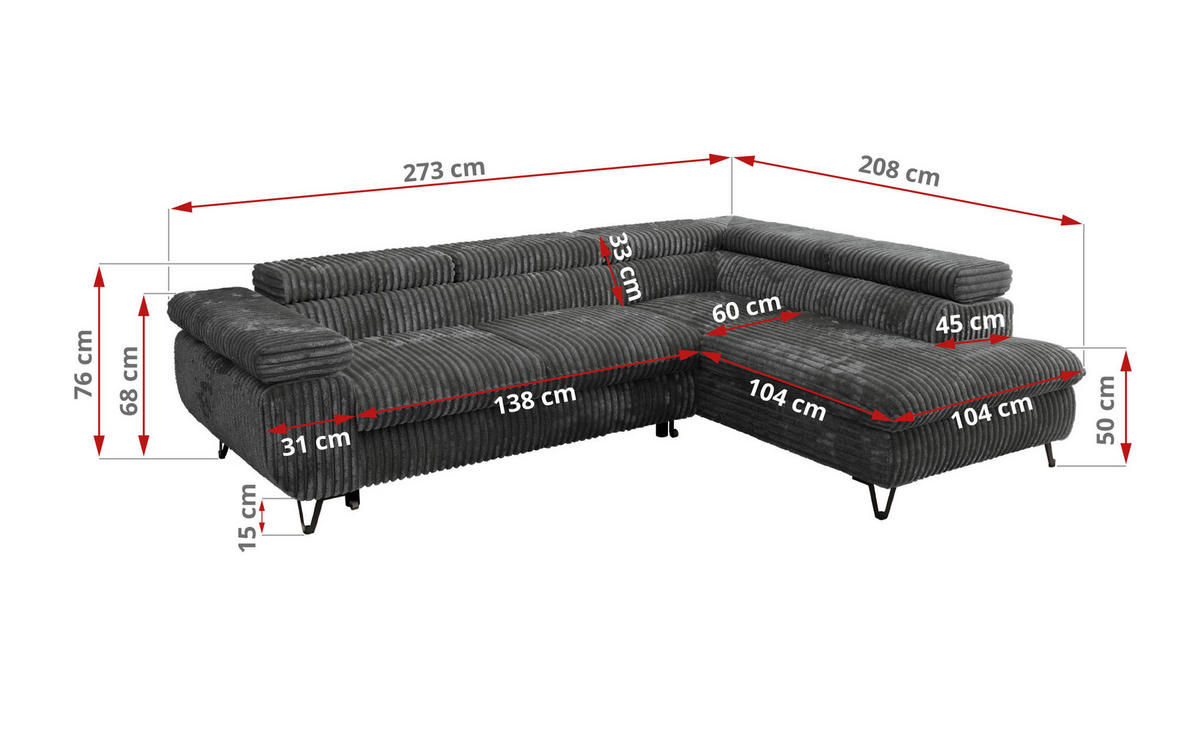 ECKSOFA PABLO L Dunkelgrau Cord - Rechts Seite mit Visco Topper - Dunkelgrau/Schwarz, Textil/Metall (273/208cm) - MKS