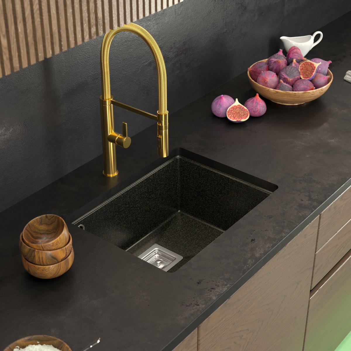 SPÜLBECKEN Napo Schwarz mit goldenen Sprenkeln 550/420 mm 1-tlg. Unterbaugranit inkl. Syphon Chrom - Schwarz, Stein (55/42/20cm) - Granitan