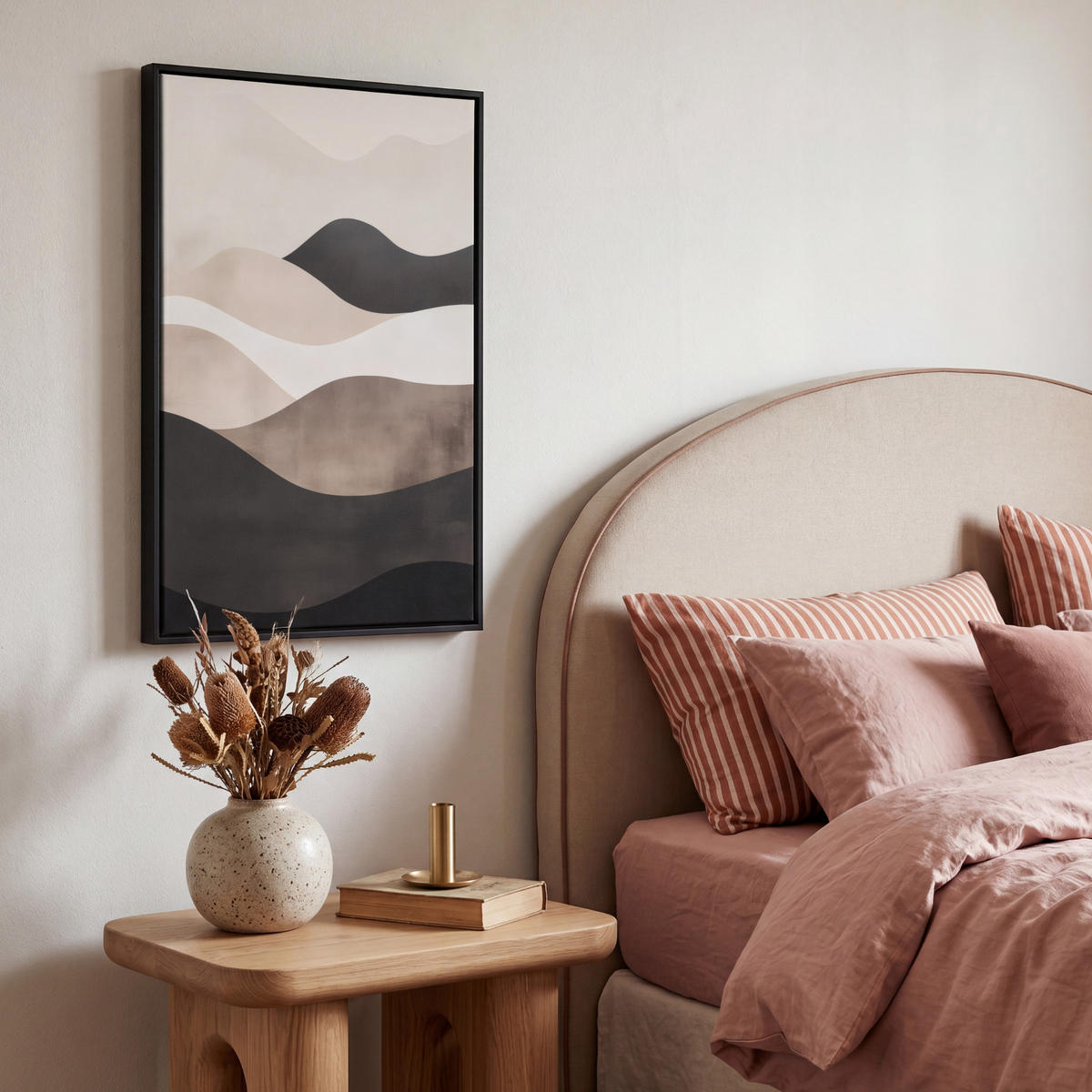 LEINWAND Bilder mit Rahmen - Abstrakt - Landschaft - Wellen - Cremefarben - 40x60 - Cappuccino, Textil (40/60cm) - MuchoWow