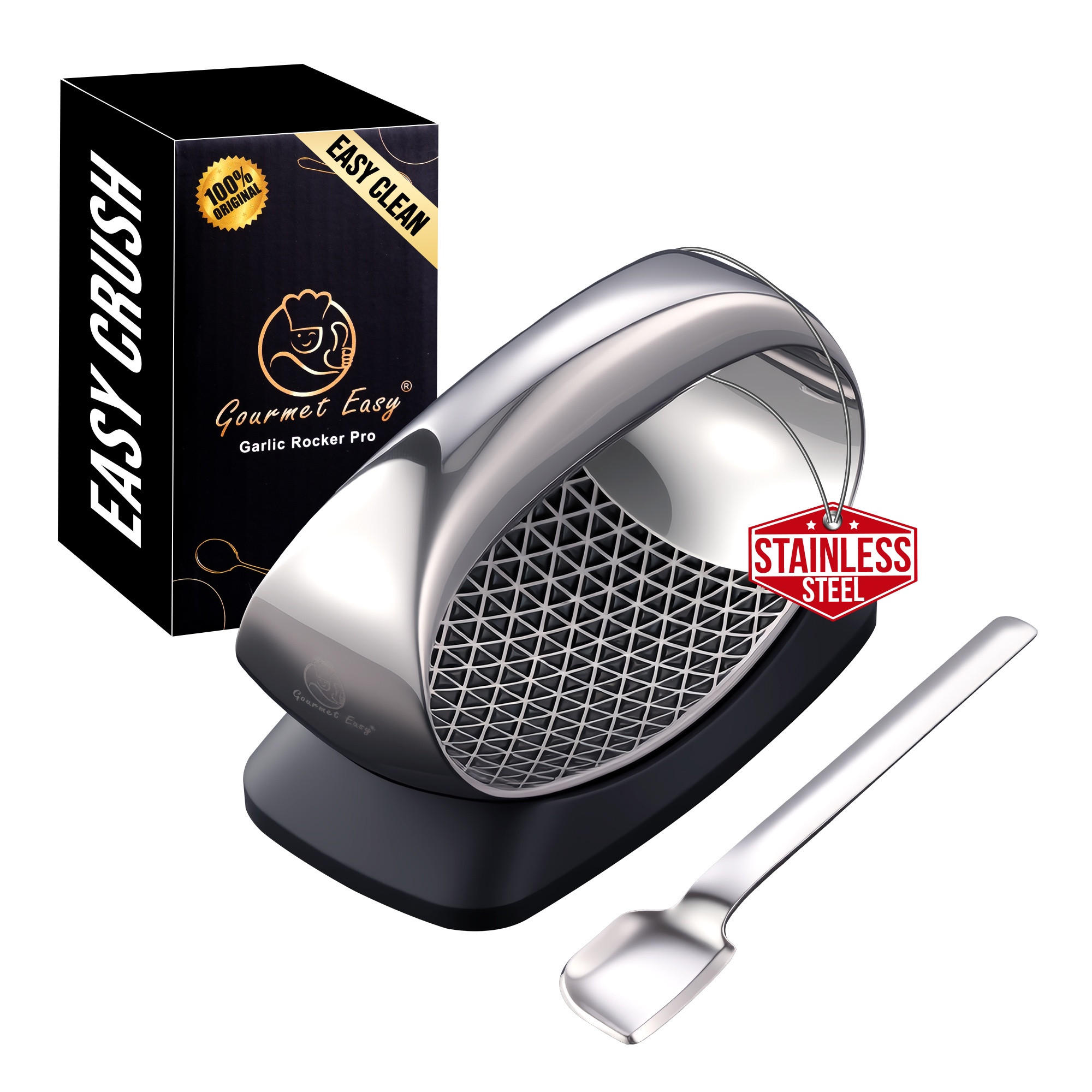 KNOBLAUCHPRESSE Rocker aus Edelstahl mit Auswurfboden + Schaber-Löffel - Edelstahlfarben, Metall (5.7cm) - Gourmet Easy