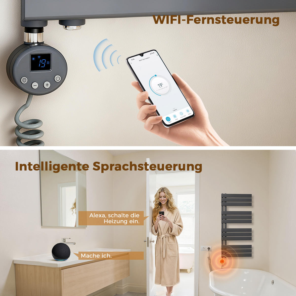 HEIZSTAB 600 W Anthrazit mit WLAN-Thermostat G1/2" für Handtuchheizkörper und Badheizkörper - Anthrazit, Metall (6.9/62/6.2cm) - S'AFIELINA