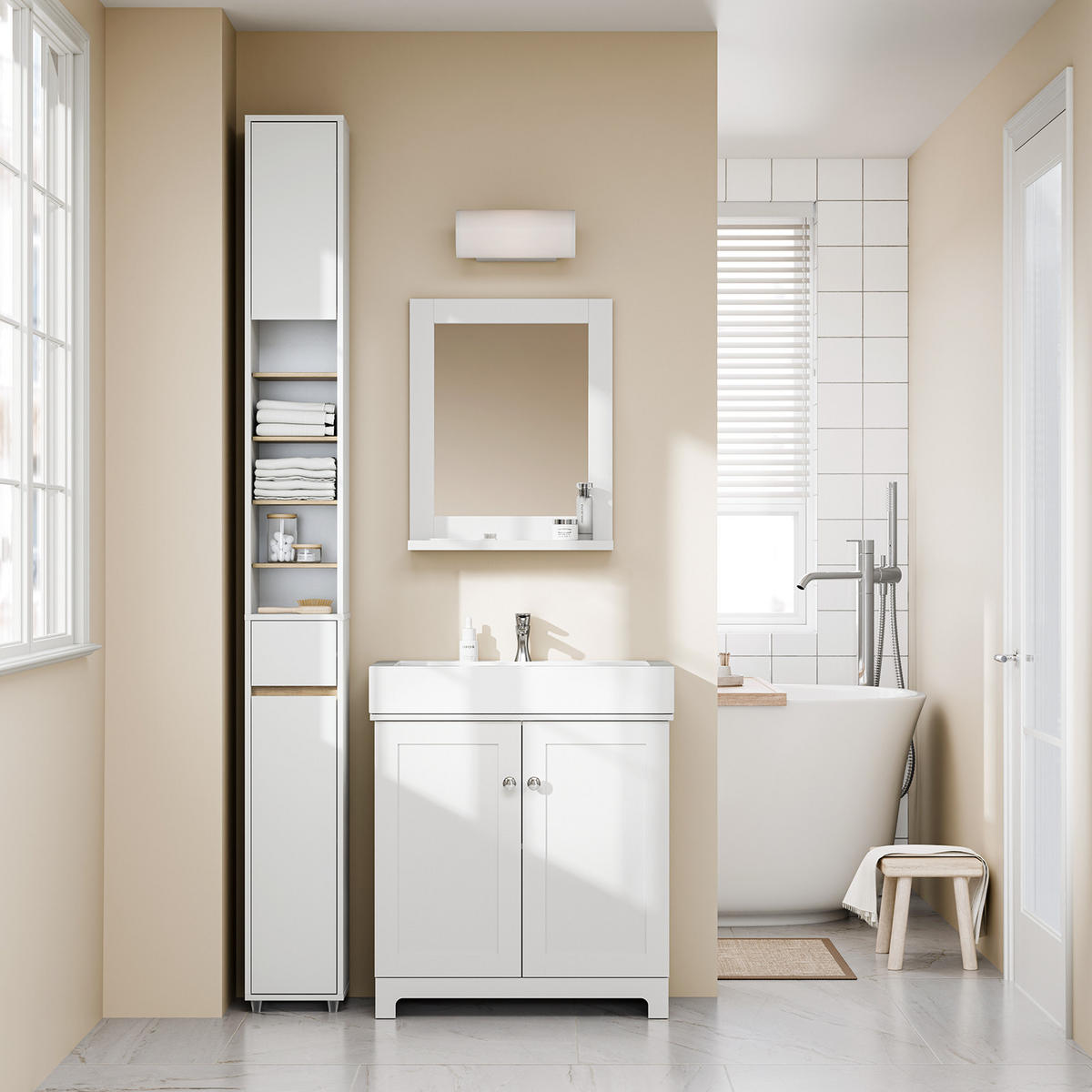 HOCHSCHRANK schmal Badschrank Weiß-Natur 20x180x20cm - Weiß/Naturfarben, Holzwerkstoff (20/180/20cm) - SoBuy