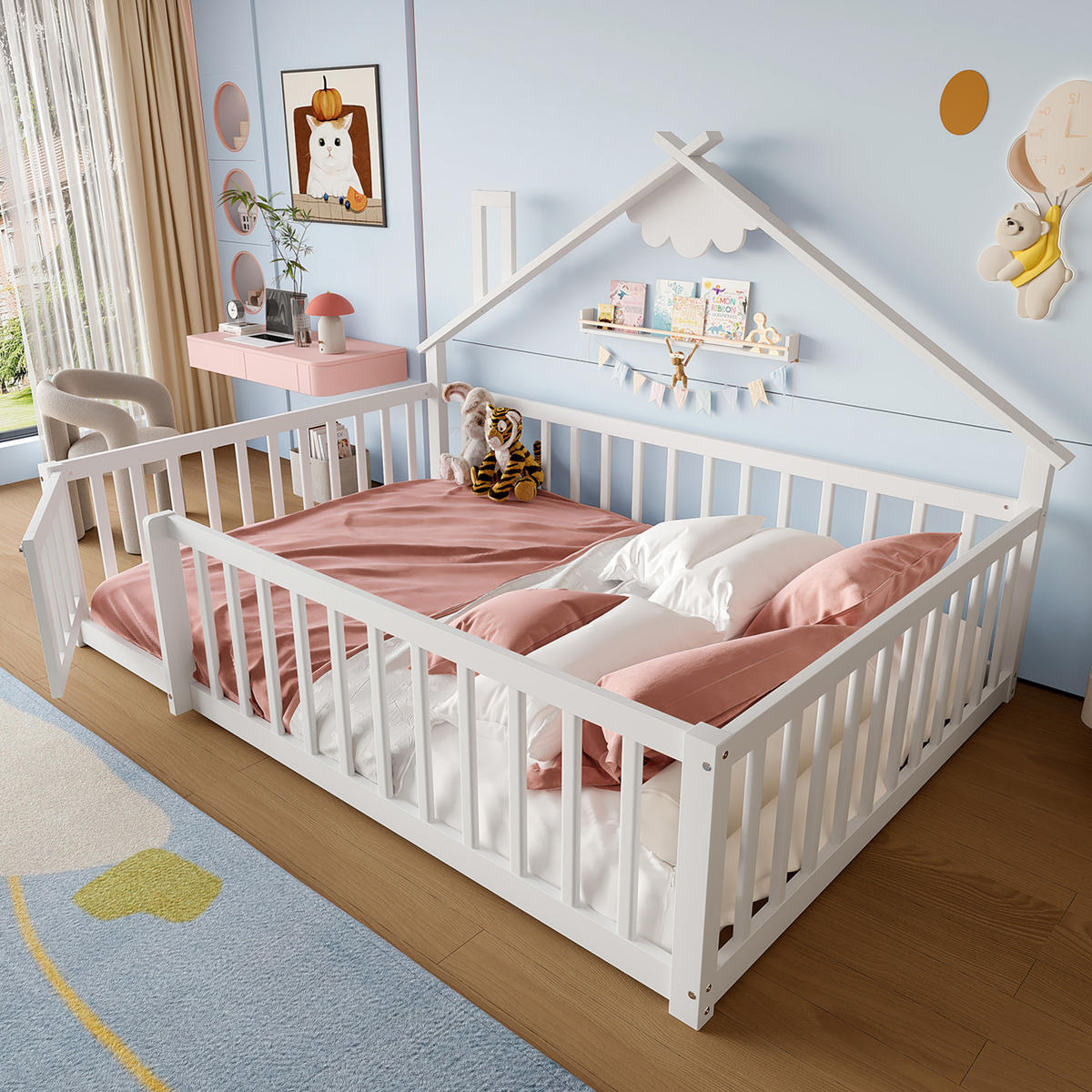 KINDERBETT Hausbett 140/190 cm, Weiß mit Geländer - Weiß, Holz (140/190cm) - MIVRAY