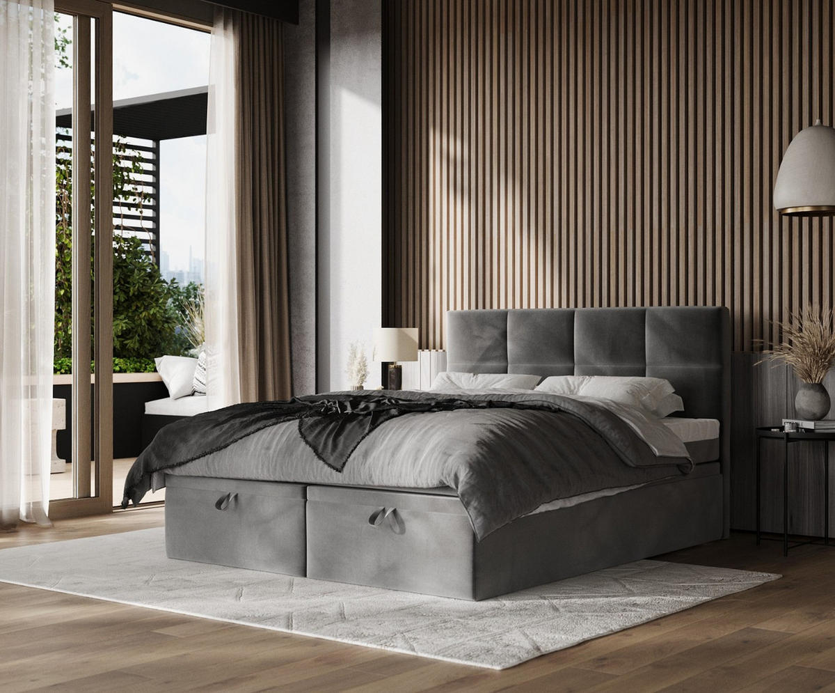 BOXBETT Tessa 180/200 cm Grau im Kronos Stoff - Schwarz/Grau, Holz/Holzwerkstoff (180/200cm) - AltaBeds