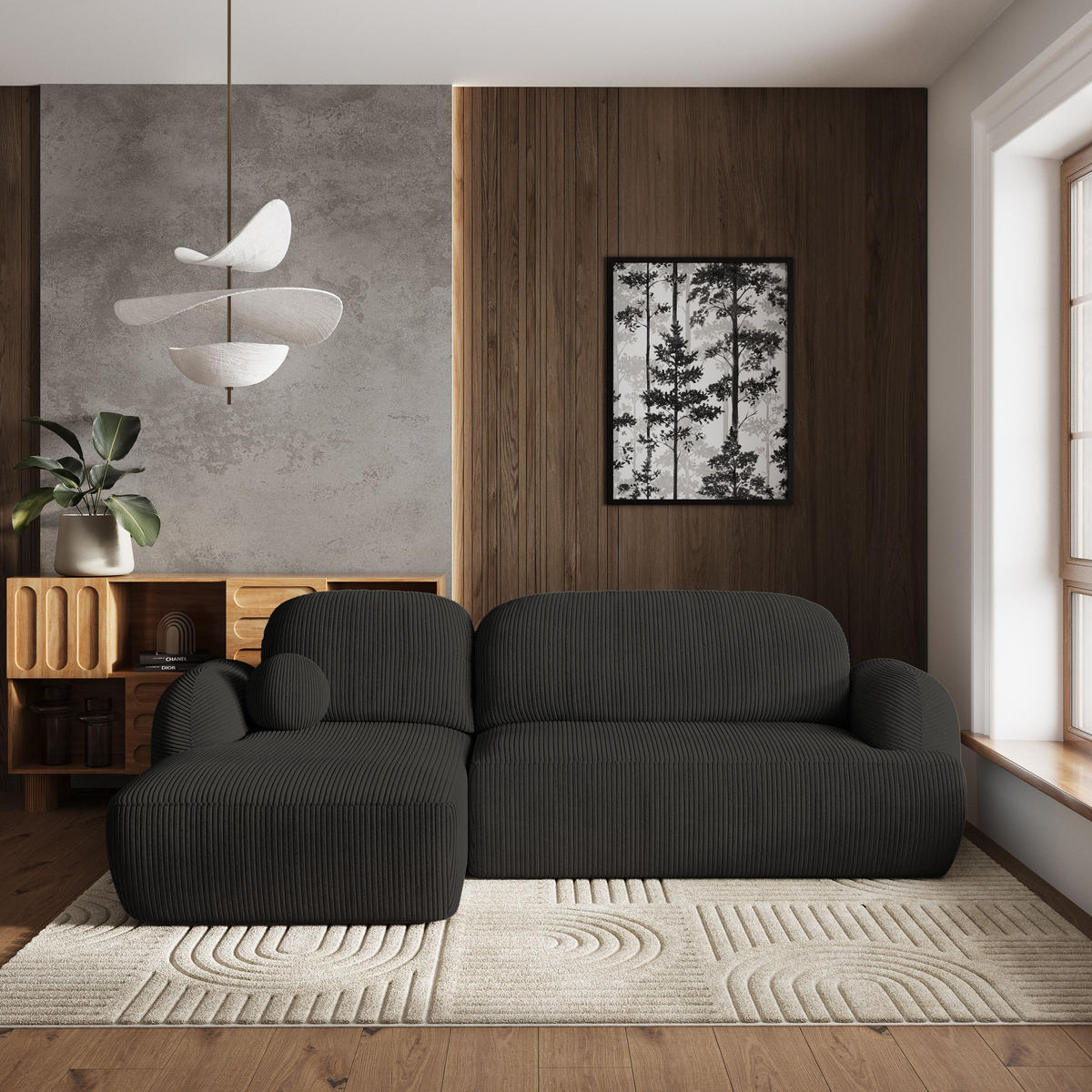 ECKSOFA MODENZA P L-S Schwarz Kordstoff mit Schlaffunktion - Schwarz, Holz/Kunststoff (266/148cm) - MASSENO