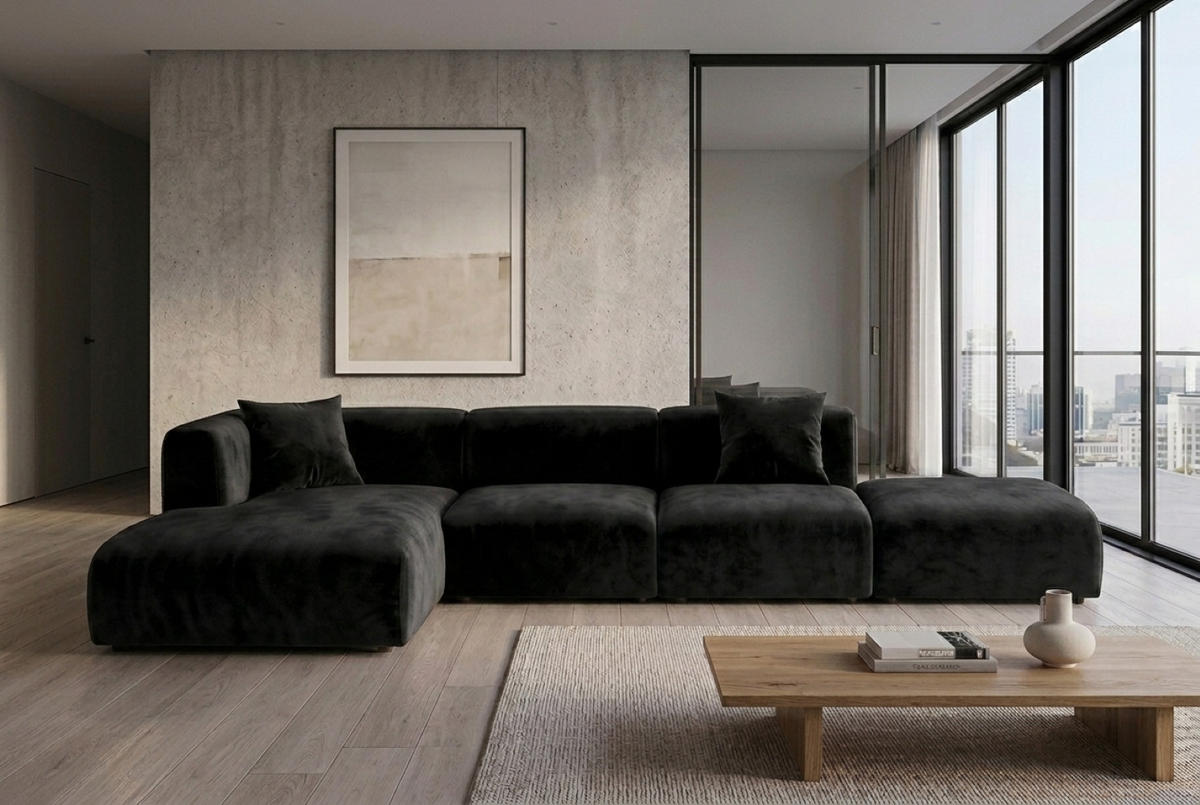 ECKSOFA L-Form Mit Hocker, Velvet-Stoff Bluvel, Schwarz, Links, GRETA - Schwarz, Holz (386/179cm) - Kaiser Möbel