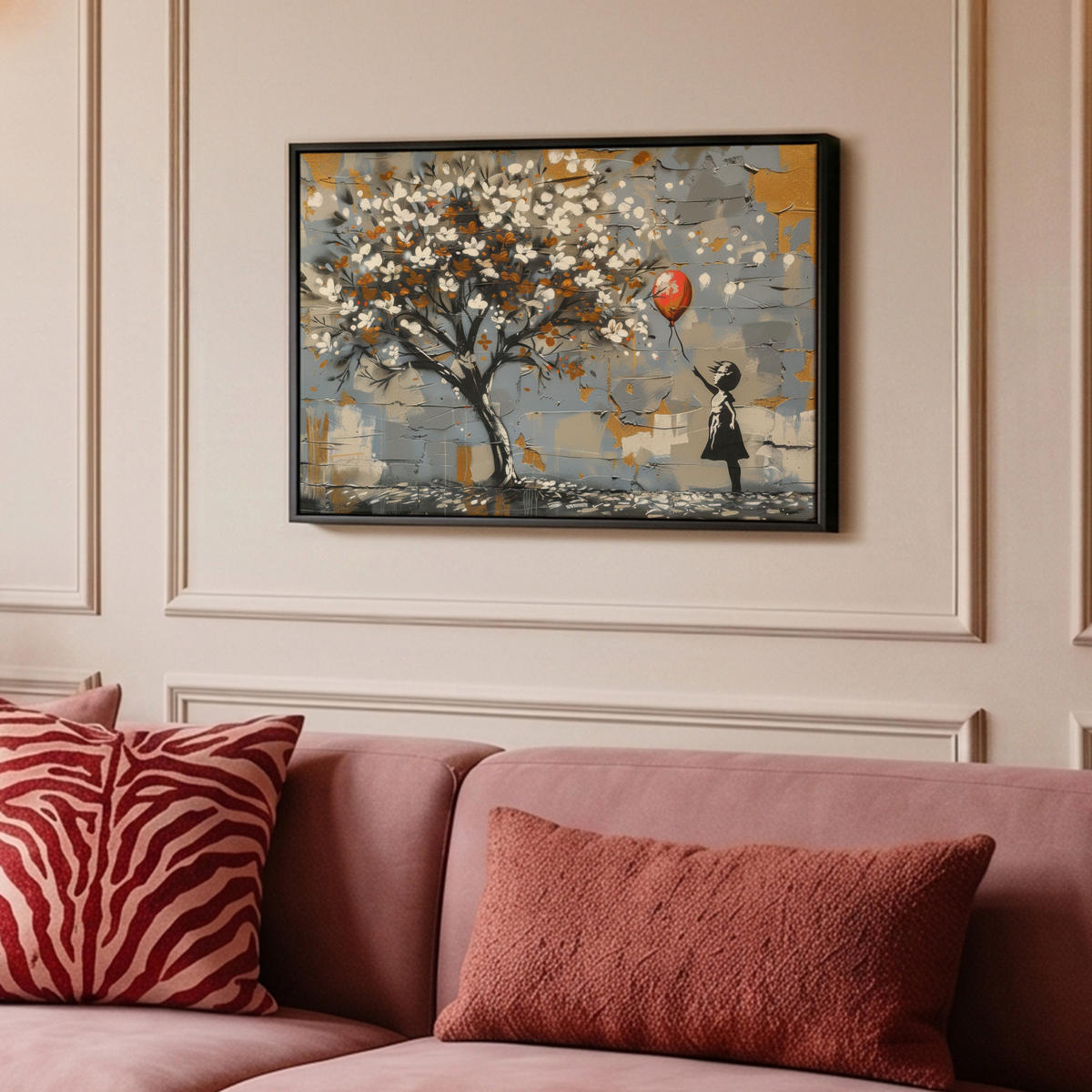 LEINWAND Bilder mit Rahmen - Baum - Graffiti - Banksy-Stil - Ballon-Mädchen - 60x40 - Blaugrau, Textil (60/40cm) - MuchoWow