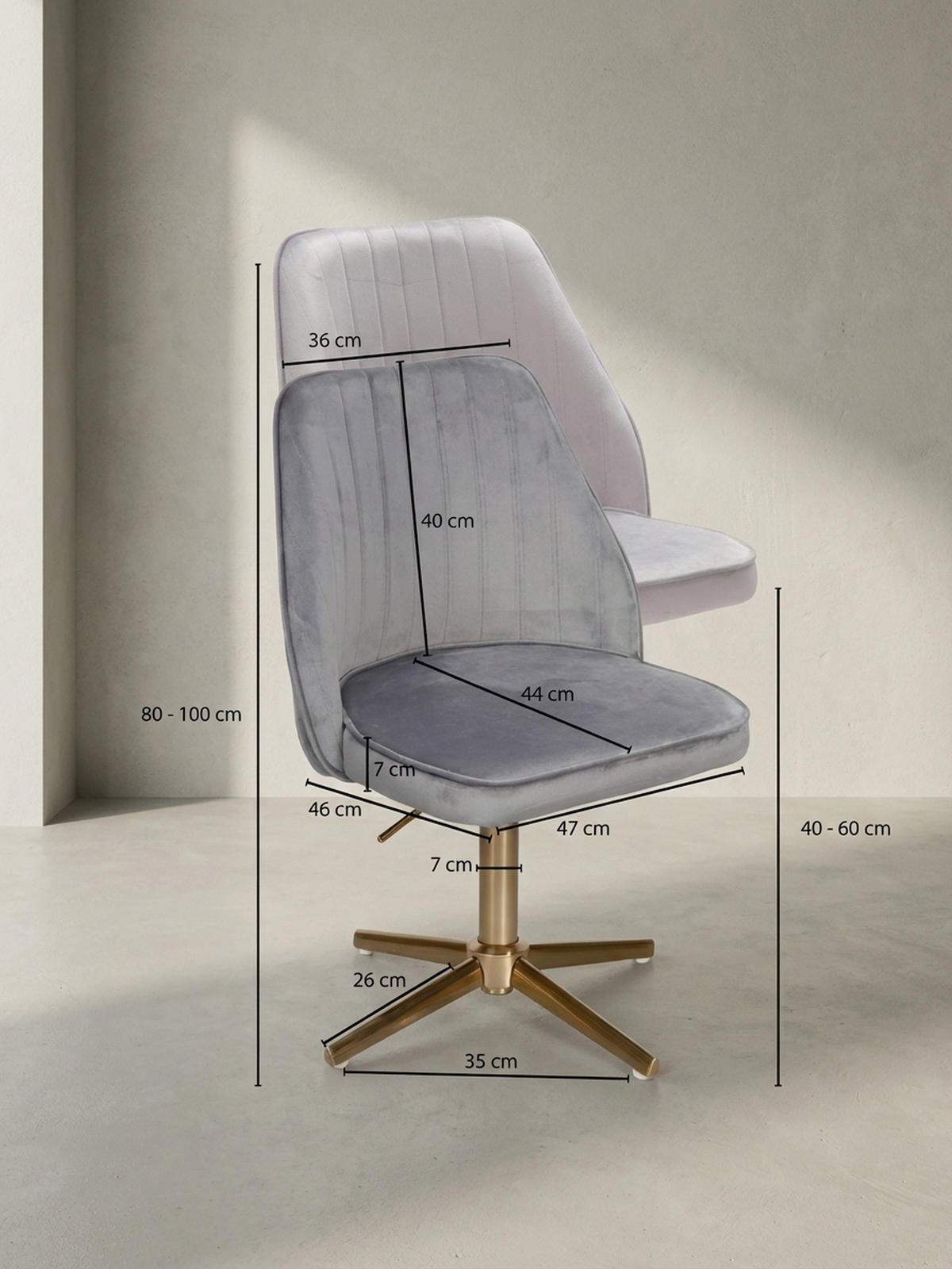 DREHSTUHL Samt mit Höhenverstellung, Eisenfuß und 360° Drehfunktion TANARO, Grau 60x60x100 cm - Goldfarben/Grau, Textil/Metall (60/100/60cm) - KADIMA DESIGN