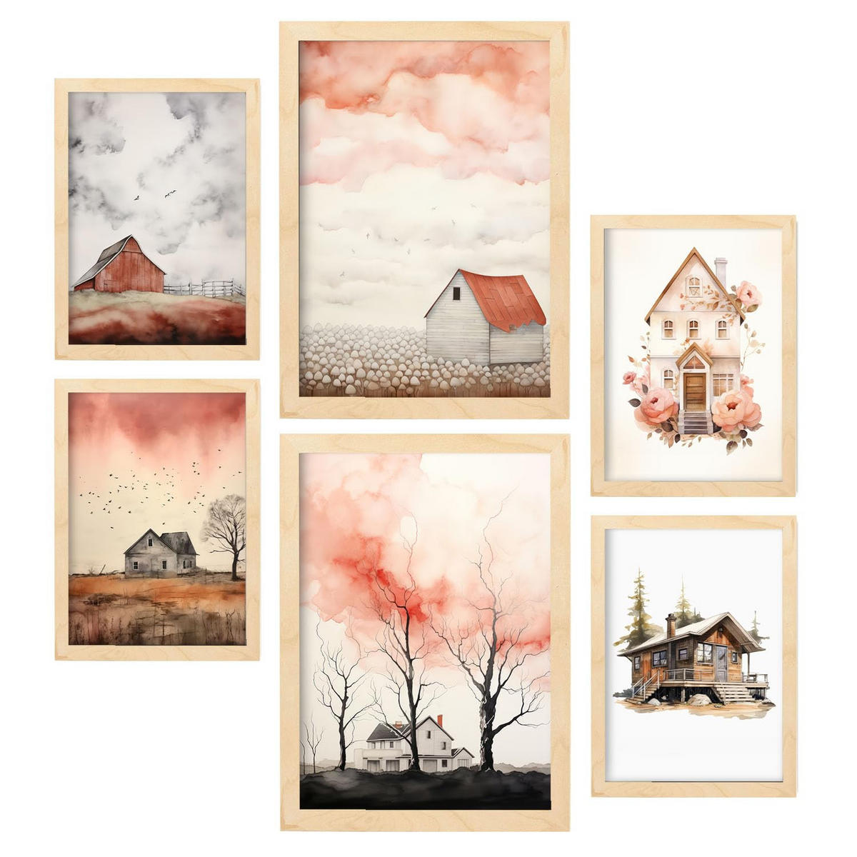 POSTER Set Mit 6 Haushaus A3 & A4 Rahmen Aus Hellem Holz - Beige, Papier (29/3cm) - Nacnic