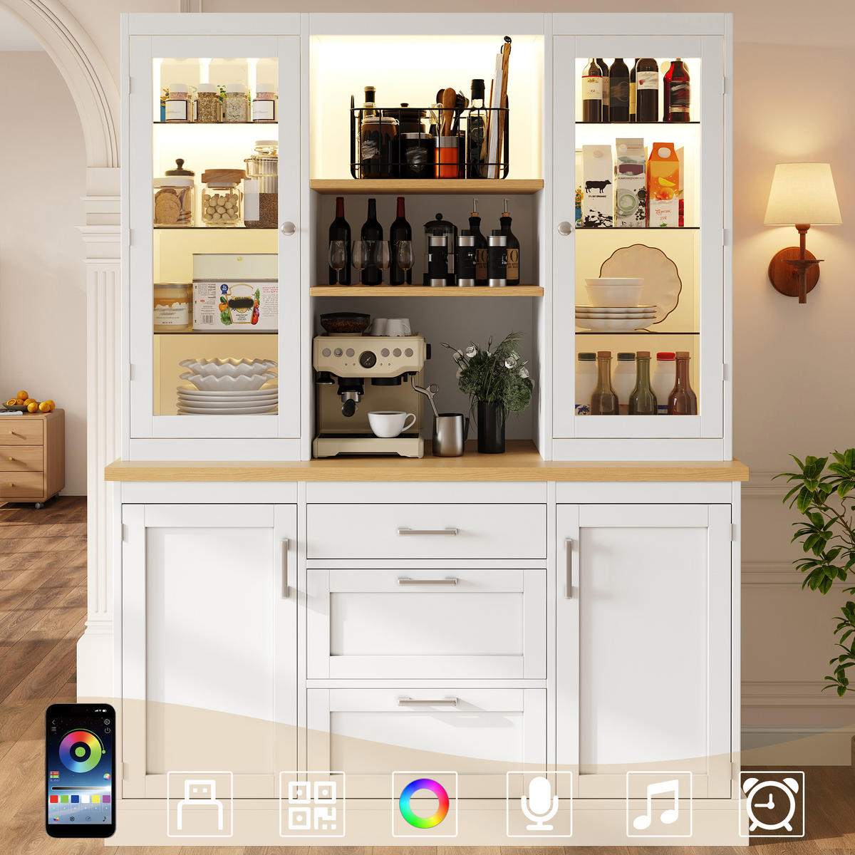 MEHRZWECKSCHRANK mit App-gesteuerter LED-Beleuchtung, 3 Schubladen und Arbeitsplatte Weiß 185/140/40 cm - Weiß, Glas/Holzwerkstoff (140/185/40cm) - EVRYAE