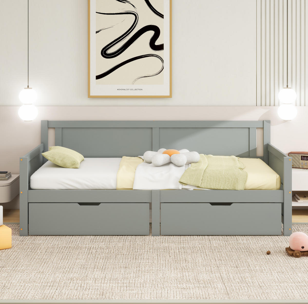 POLSTERBETT aus Massivholz 90x200 cm in Grau mit 2 Schubladen - Grau, Holz (90/200cm) - Modfu