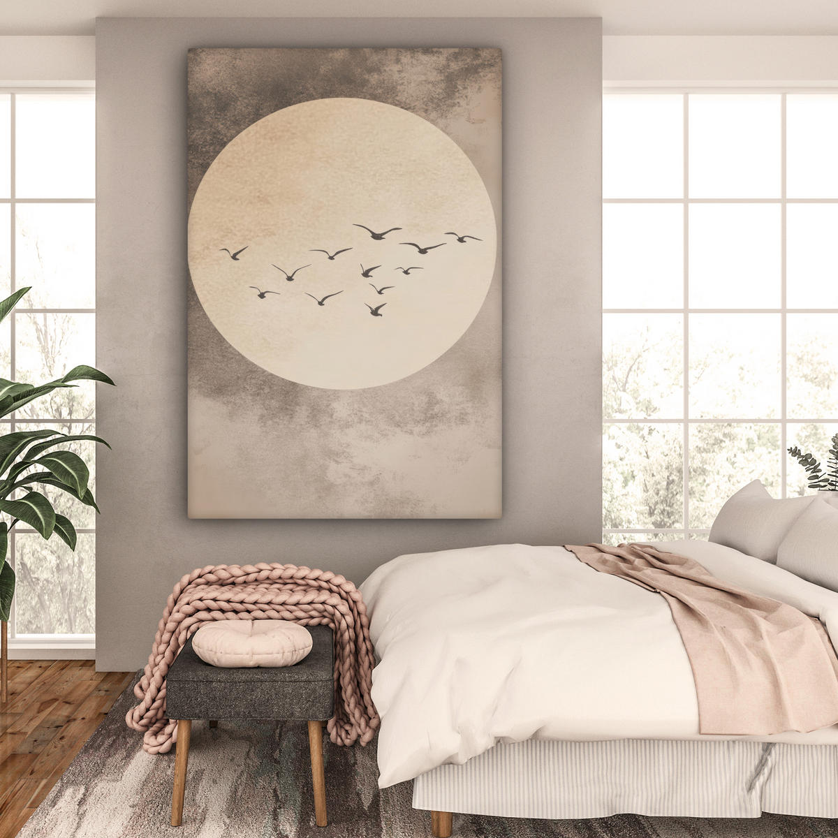 LEINWANDBILD Vogel - Beige - Japanisch 90x140 cm - Taupe, Textil (90/140cm) - MuchoWow