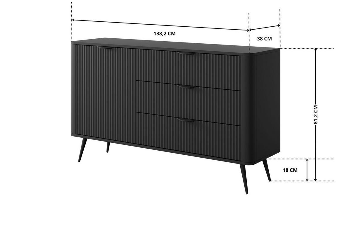 SIDEBOARD Flore 138 cm Schwarz - mit 3 geriffelten Schubladen und 1 Tür - Schwarz, Holz/Holzwerkstoff (138/81/38cm) - Ravio