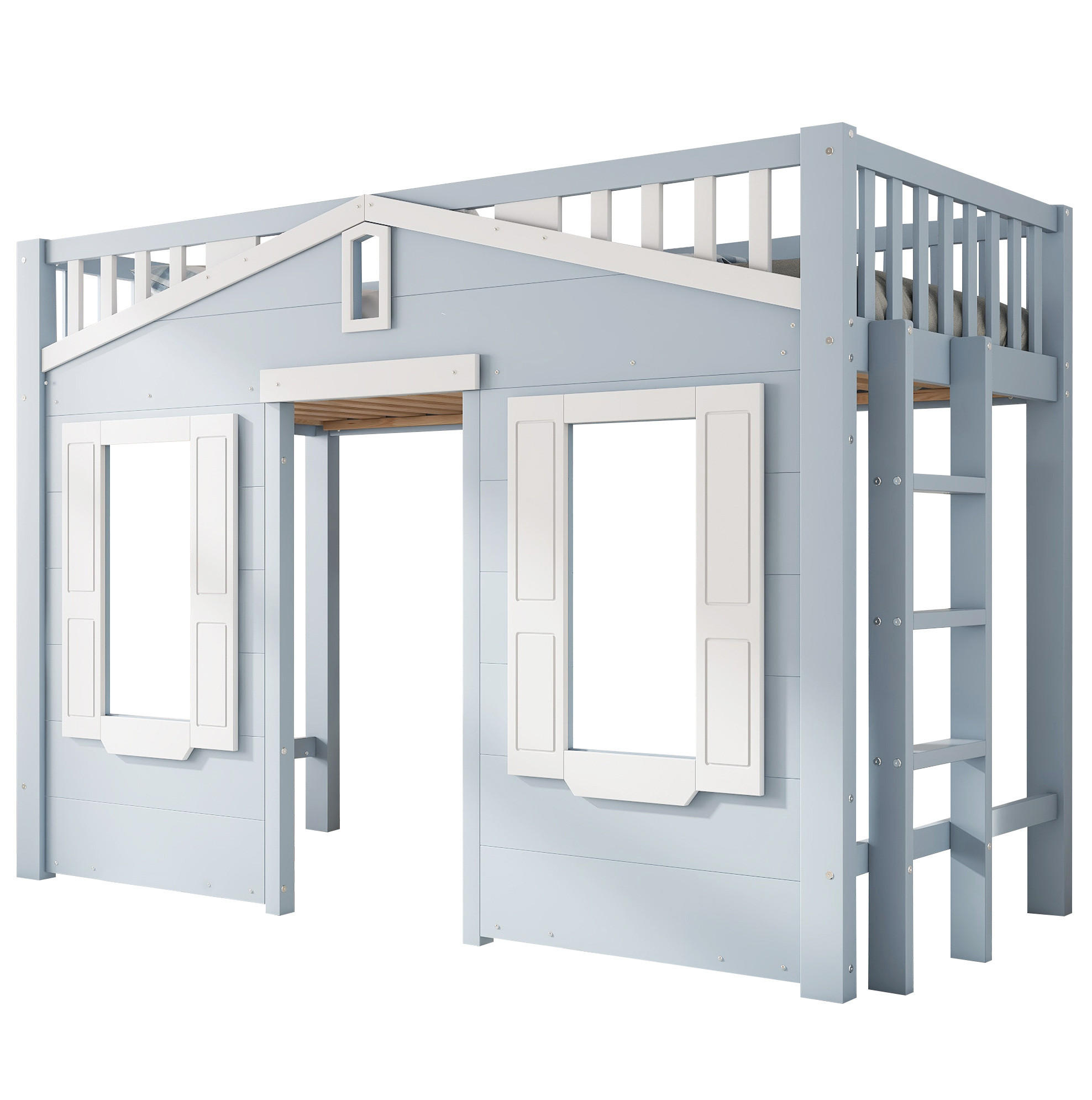 HOCHBETT 90/200 cm in Weiß und Blau mit flexibler Treppe und Fenstergestaltung - Blau, Holzwerkstoff (90/200cm) - Flora Grace