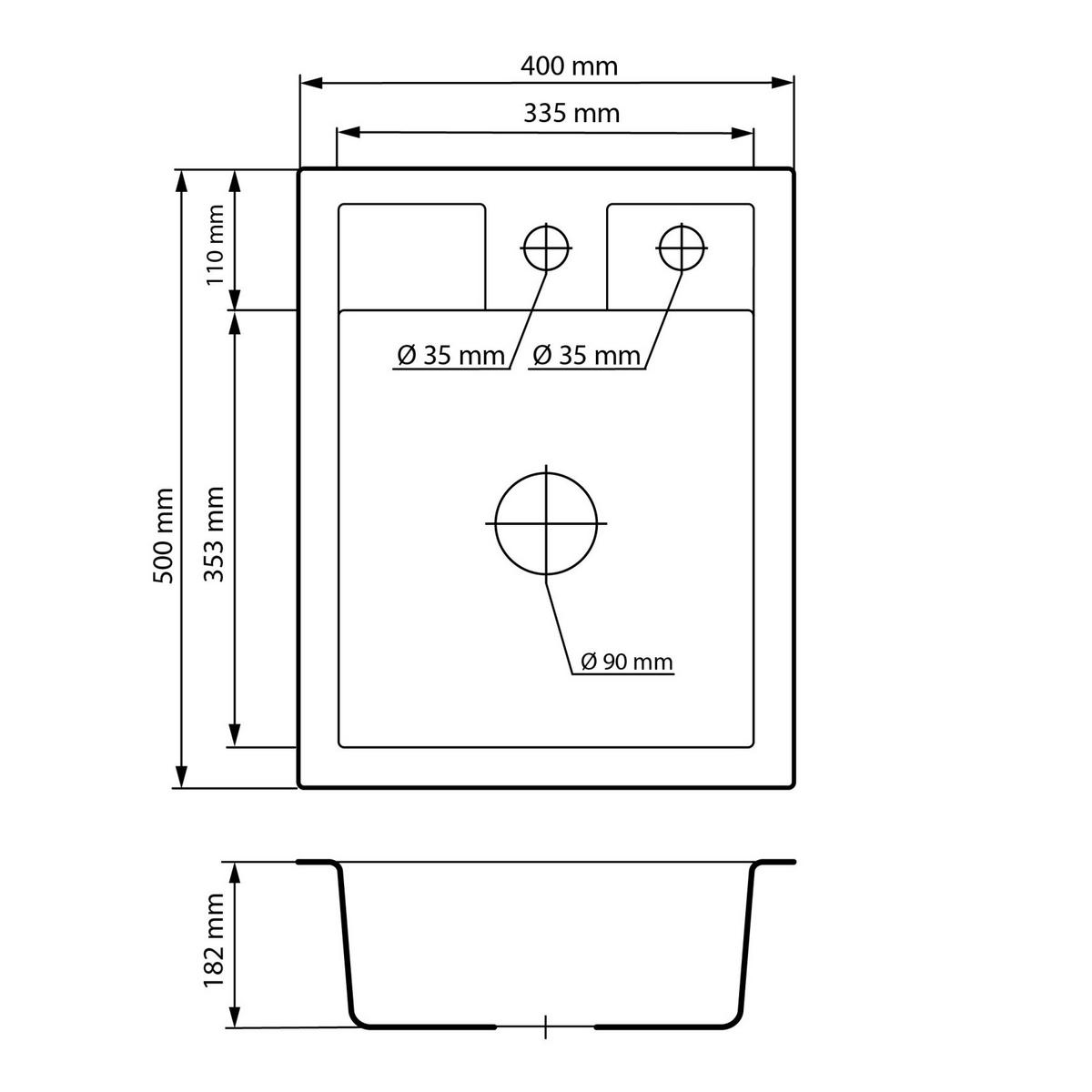 SPÜLBECKEN Best mit Batterie Siphon - Schwarz, Kunststoff/Stein (50/40/18cm) - Granitan