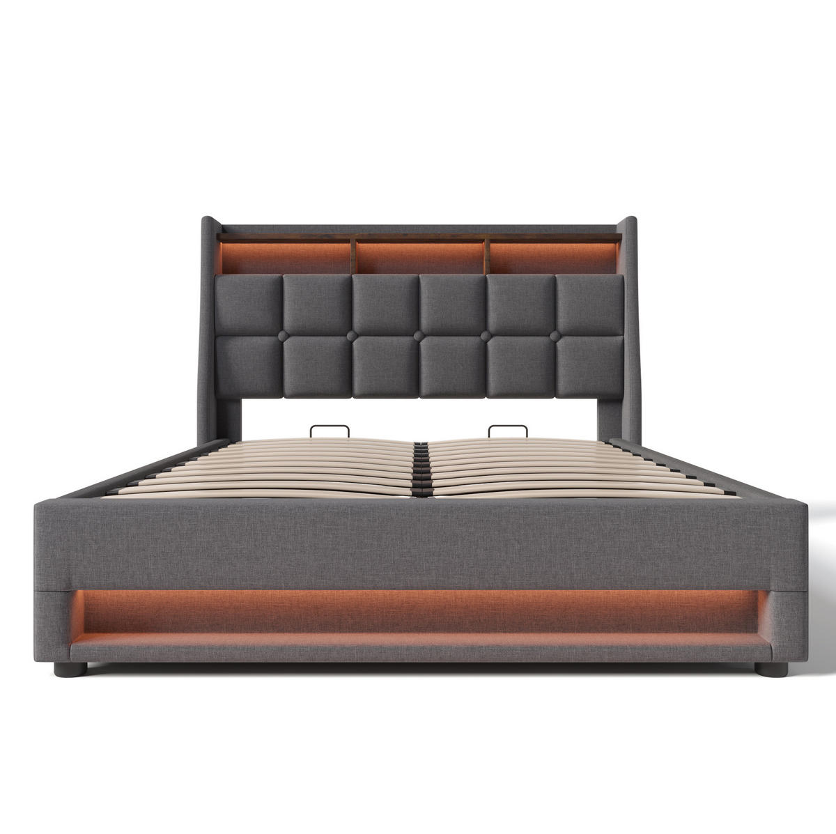 POLSTERBETT aus Leinen 180x200 cm in Grau mit LED-Beleuchtung & USB - Grau, Textil (180/200cm) - Modfu