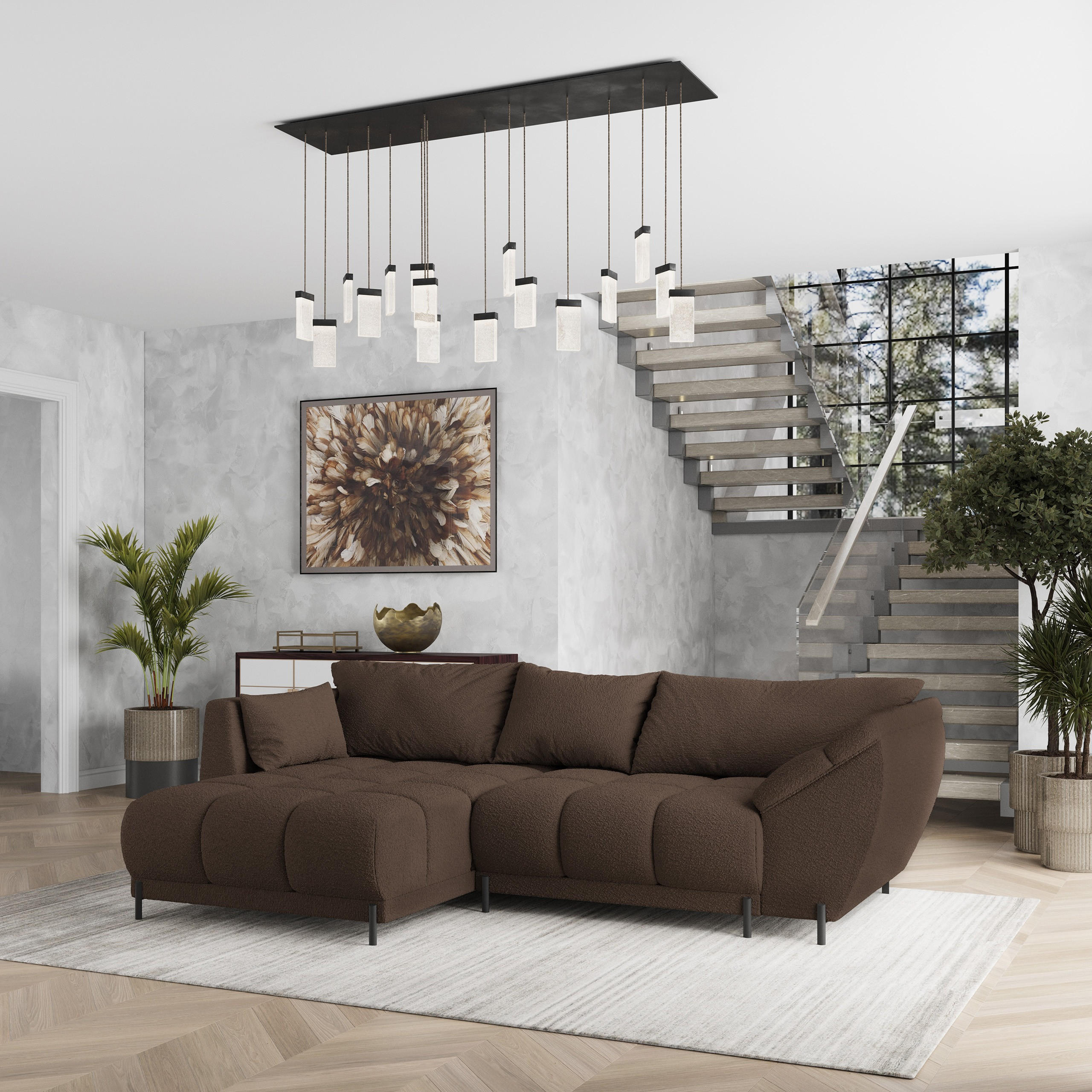ECKSOFA VESTANO L-S Braun Boucle-Stoff mit Schlaffunktion - Braun, Holz (287/182cm) - MASSENO