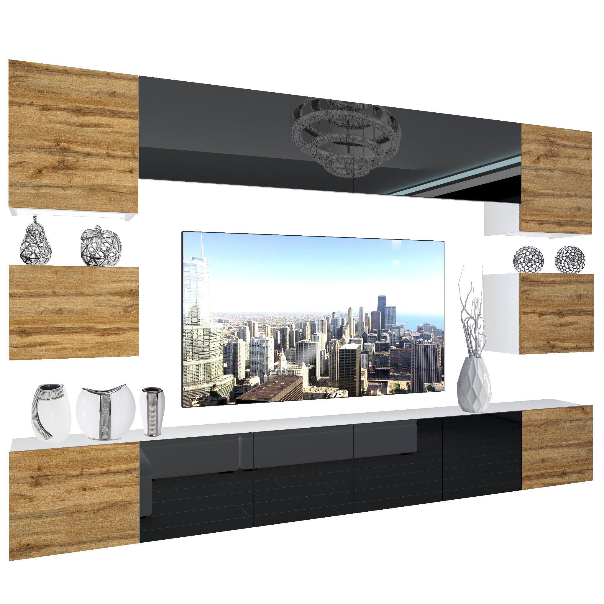 WOHNZIMMERWAND Schrankwand mit LED Wotan Eiche / Schwarz - Eichefarben/Schwarz, Holz (300/180/36cm) - B BELINI GROUP