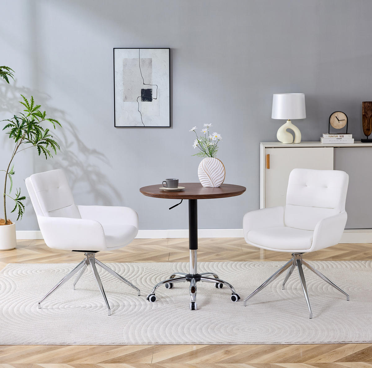 DREHSTUHL 2er-Set 85 cm PU Weiß mit Metallgestell Silberfarben - Weiß, Metall (50/85/55cm) - Meubliv
