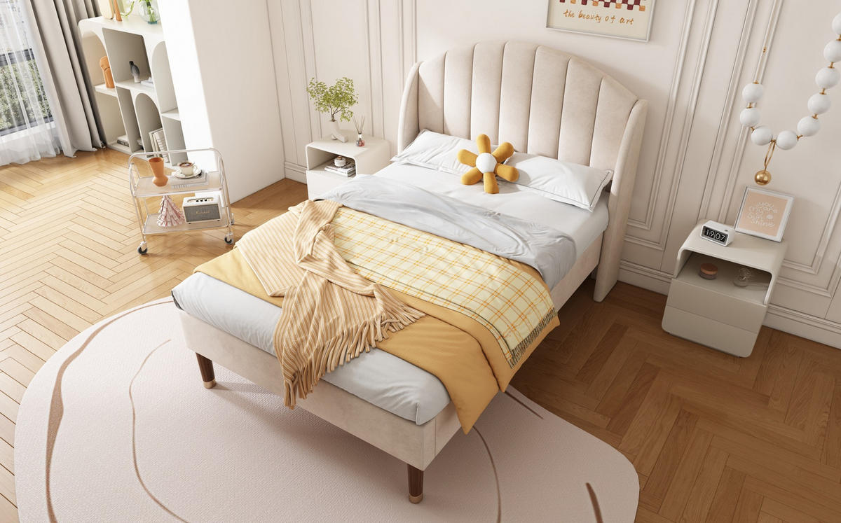 POLSTERBETT 90/200 cm Beige aus Samt mit Lattenrost - Beige, Textil (90/200cm) - OKMYHOME